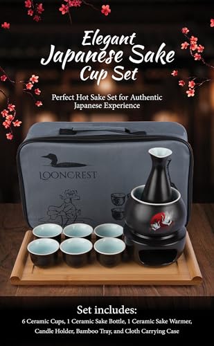 LOONCREST Black Japanese Ceramic Sake Set with Cups Bottle Warmer & Carrying Case