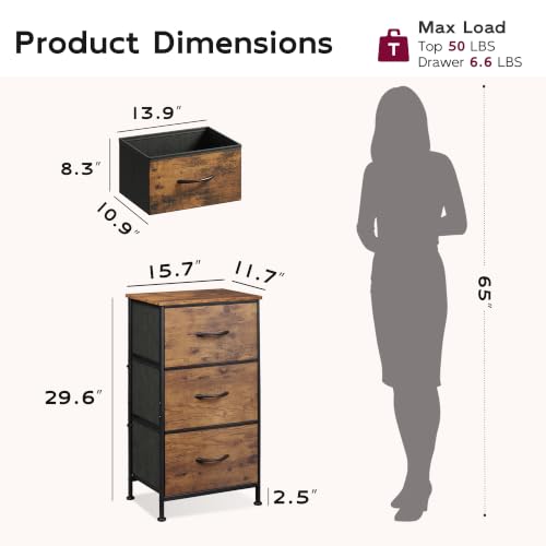 3-Drawer Fabric Nightstand with Wood Top, Compact Bedroom Storage Chest