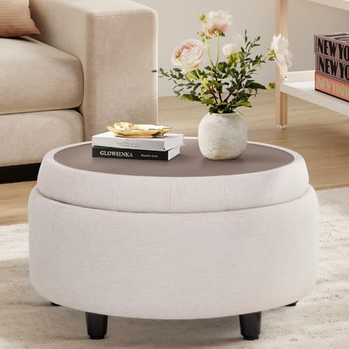 Round Fabric Storage Ottoman with Reversible Tray Lid, Beige