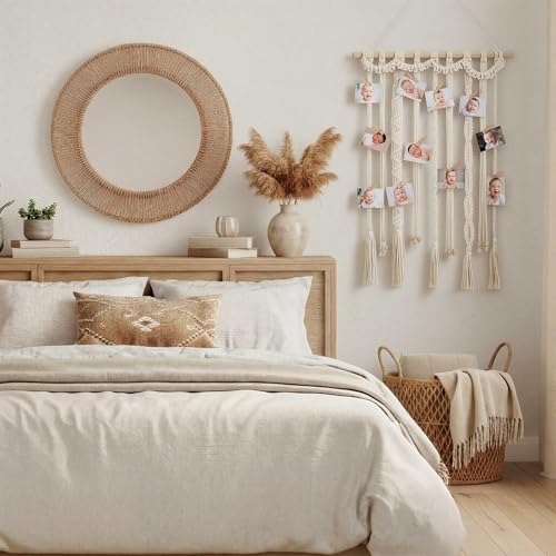 Macrame Hanging Photo Display with 30 Clips, Boho Wall Art Decor