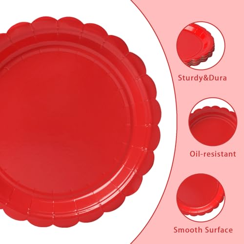 Vyntra Red 9 Inch Scalloped Paper Dinner Plates - Pack of 50, Solid Red, Disposable Tableware for Parties & Holidays