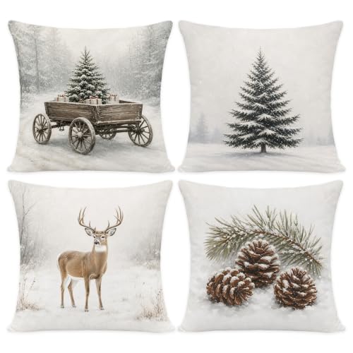 Jeconh Christmas Tree Reindeer Pine Cone Throw Pillow Cover 18x18 Set of 4