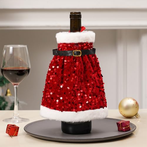 Christmas Santa Sweater Wine Bottle Cover Dress - Red Sequin Xmas Decorations