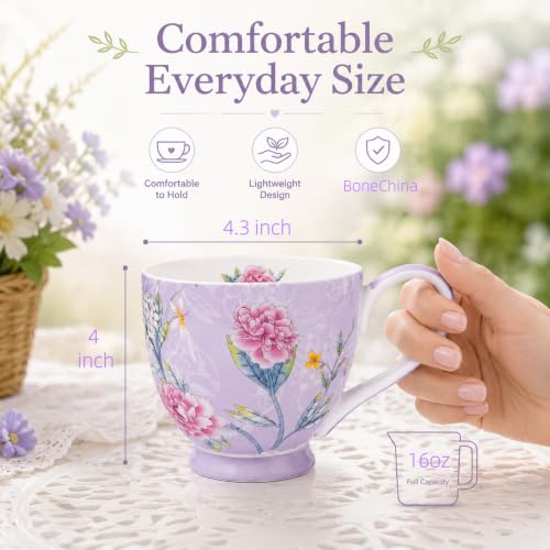 Glen Mila 16oz Light Purple Bone China Coffee Mug for Women – Cute Christmas Gift for Mom & Friends
