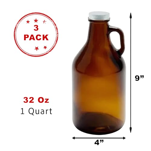 32 oz Amber Glass Growler with Airtight Lid - 3 Pack for Homebrewing