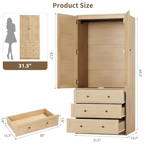 70-Inch Modern Wooden Wardrobe Armoire with 3 Drawers and Hanging Rod