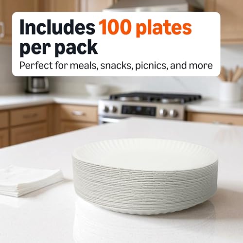 Uncoated White Paper Plates, Microwave Safe, 100 Count