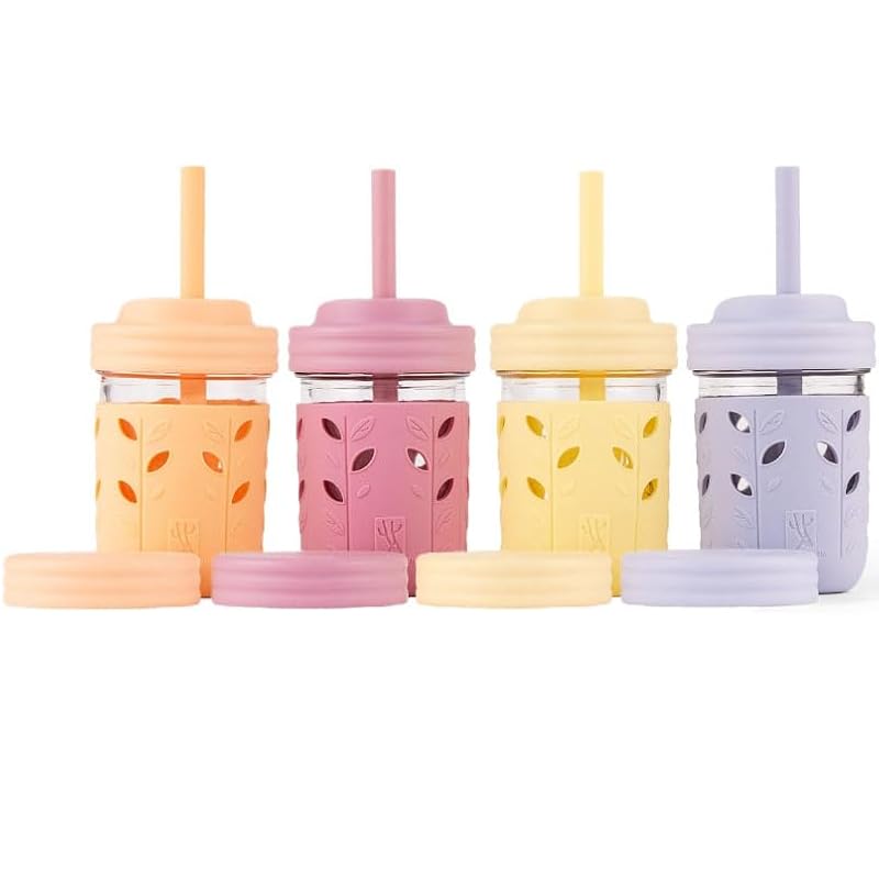 Kids Glass Mason Jar Cups with Silicone Sleeves and Straws, 4 Pack, 8oz