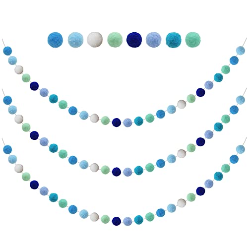 3-Pack Blue Pom Pom Garland - 6.5ft Hanging Ball Banner for Party Decor