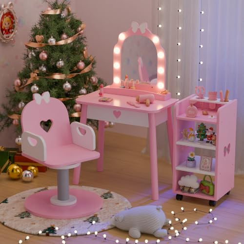 Kids Wooden Vanity Set with Lighted Mirror, Barber Chair & Salon Accessories