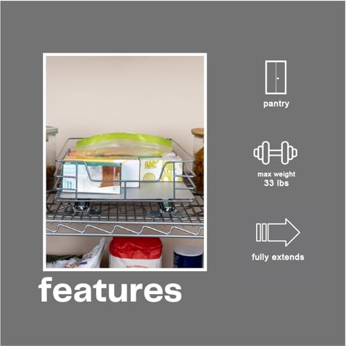 Household Essentials Sliding Pantry Organizer,4.92" H x 12.01" W x 15.94" D,Perfect Kitchen Organization Solution, Durable Powder-Coated Steel Frame,Easy to Install, Mounting Hardware Included,Nickel