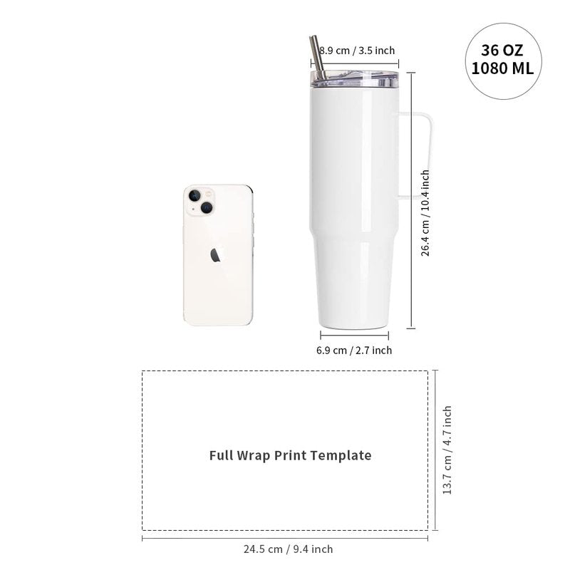 PYD Life 4 Pack Sublimation Tumblers with Handle Blanks 36 OZ White Coffee Mugs Insulated Reusable Travel Cups with Leakproof Lid and Stainless Straw for Tumbler Heat Press
