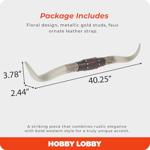40-Inch Resin Longhorn Wall Decor with Floral Embossed Leather Strap