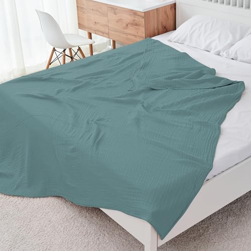 4-Layer Muslin Bed Blanket - Soft 100% Cotton, Green 55x80in