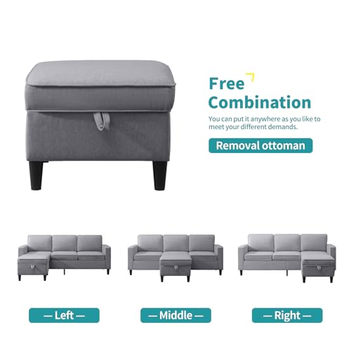 78-Inch L-Shaped Sectional Sofa with Storage Ottoman and Side Pockets