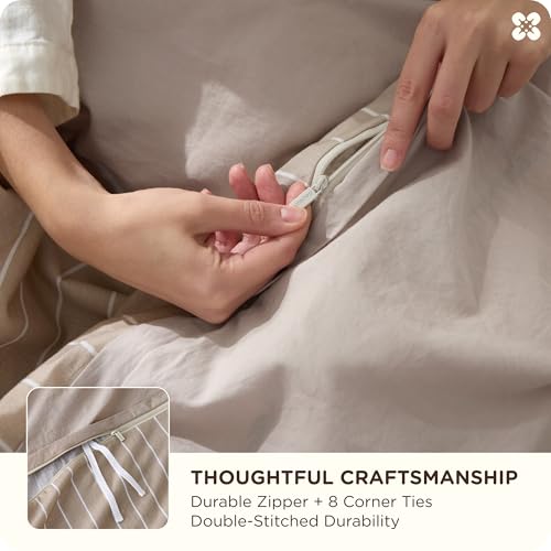 100% Washed Cotton Striped Queen Duvet Cover Set - 3 Pieces, Tan/White
