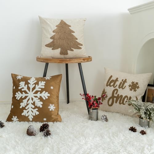 Rope Embroidered Christmas Tree Pillow Cover 18x18in Burlap Rustic Farmhouse Holiday Decor - Pack of 1