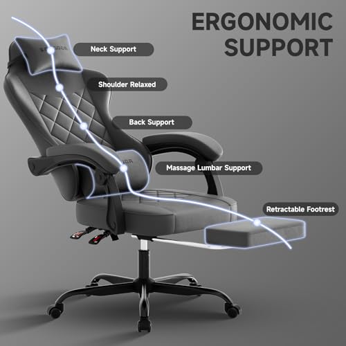 Ergonomic Gaming Chair with Footrest and Lumbar Support, Grey PU Leather