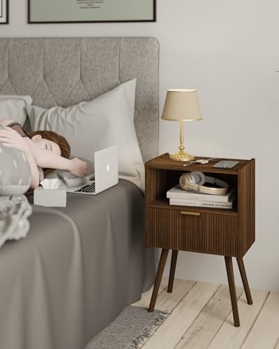 Modern Bedside Table Nightstand with Drawer and Open Shelf - Walnut Brown