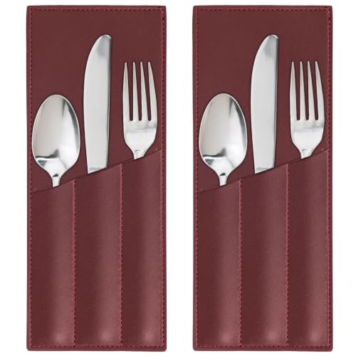 Wine Red Leather Cutlery Sleeve Set - 2 Pcs Utensil Holders for Dining