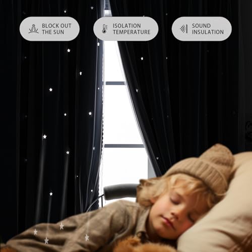 Double-Layer Star Blackout Curtains with Tulle Overlay, Set of 2 Panels