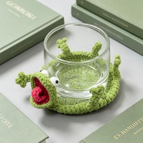Green Crochet Lizard Coaster - Handmade 3D Amigurumi Mug Rug, Fun Decorative Drink Mat