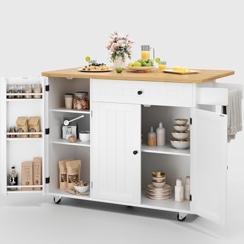 Kitchen Island with Storage, Rolling Cart with Drop Leaf and Spice Rack