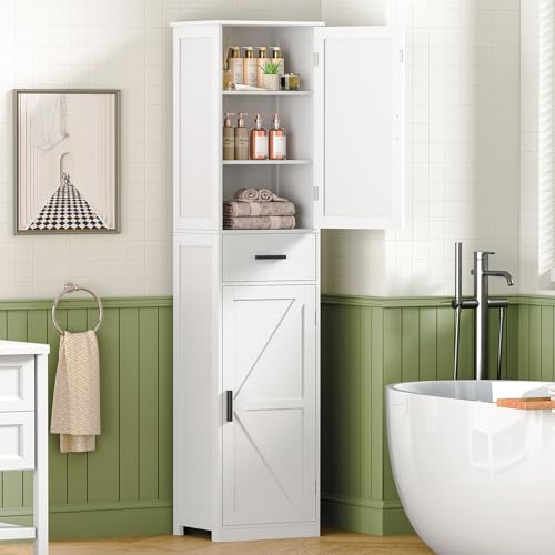 Tall Bathroom Storage Cabinet with Drawer and 6 Adjustable Shelves, White