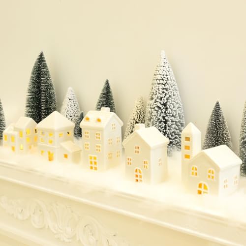 White Ceramic Christmas Village Set - 5 Houses, 9 Mini Trees & Snow