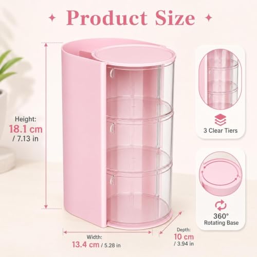 Pink 3-Layer Hair Accessories Organizer with Rotating Hair Brush Holder