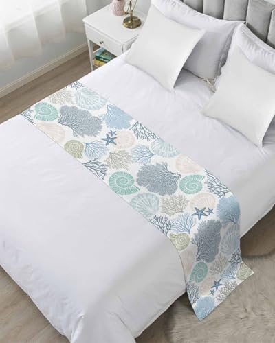 Coastal Starfish Bed Runner Scarf for Queen Bed, Teal Coral Bed Throw