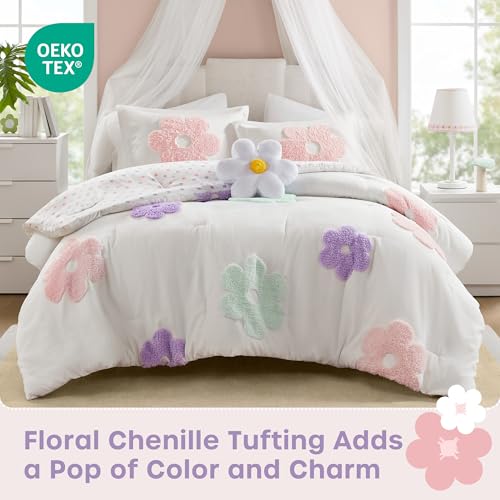 Floral Chenille Comforter Set - 4-Piece Kids Queen Bedding with Shams