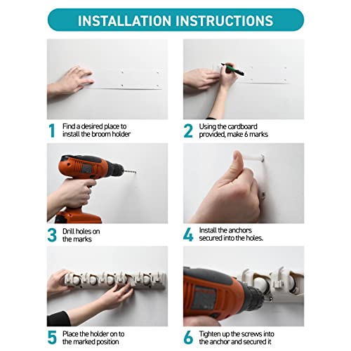 Broom and Mop Holder Wall Mount Garage Organizer with 5 Slots and 6 Hooks