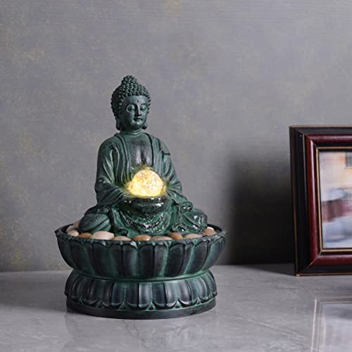 Zen Buddha Tabletop Water Fountain with LED Light and Rolling Glass Ball