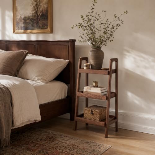 3 Tier Solid Oak Ladder Bookshelf, Compact Wood Storage Display Shelf