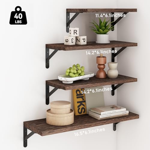 4-Piece Rustic Floating Wall Shelves, Carbonized Wood Storage Display Set