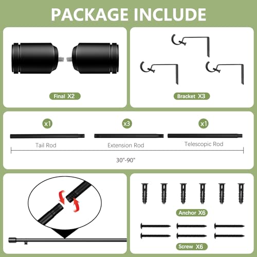 Edidonson Adjustable Black Curtain Rods 30-90 Inch Spliced Window Rod