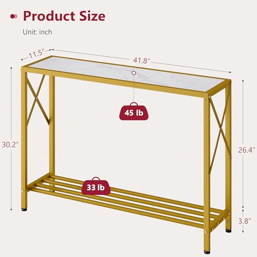 41.8" Narrow 2-Tier Console Table, Gold & White Entryway Sofa Table