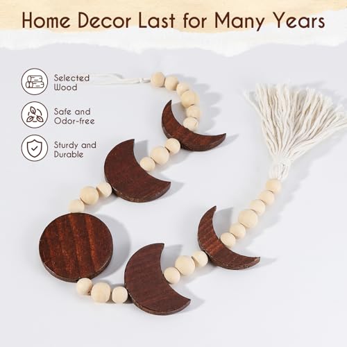 Moon Phase Wall Hanging Garland with Tassels - Boho Wooden Home Decor