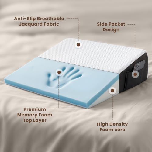 Memory Foam Wedge Pillow with Dual Side Pockets - 24x24x7.5 inches