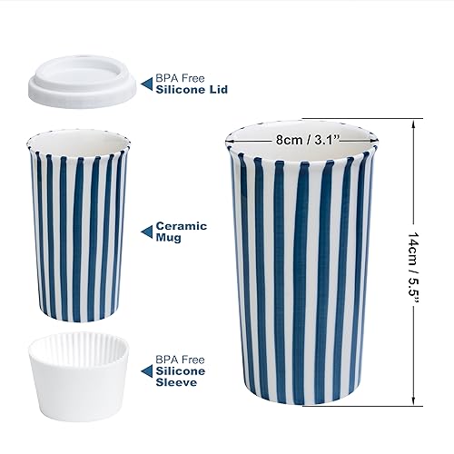 Blue Ceramic Travel Mug 12oz with Spill-Resistant Lid - Aesthetic Coffee Cup for On-the-Go