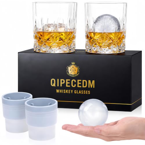 Old Fashioned Whiskey Glass Set of 4 with Ice Ball Molds - 11 Oz Rocks Glasses