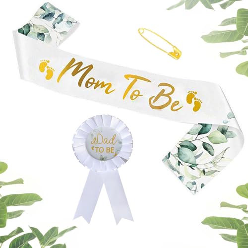 Mom To Be Sash and Daddy To Be Badge Pin Set, Sage Greenery Baby Shower