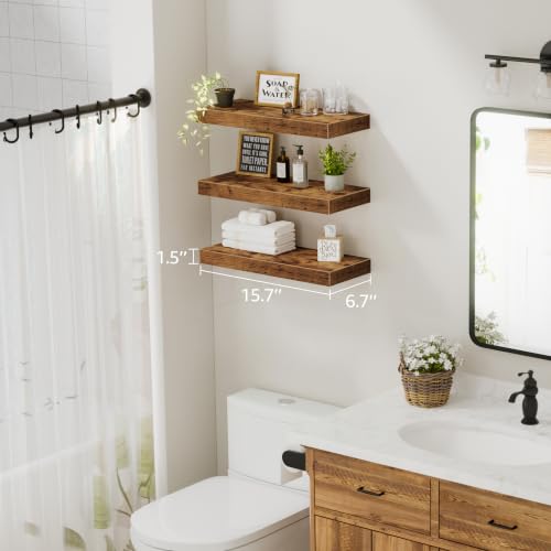 Rustic Brown Floating Wall Shelves - 16-Inch Farmhouse Decor, Set of 3