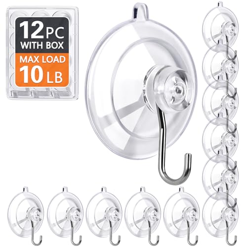 Heavy-Duty Suction Cup Hooks - 12 Pack, 10LB Capacity, Clear Reusable Hooks