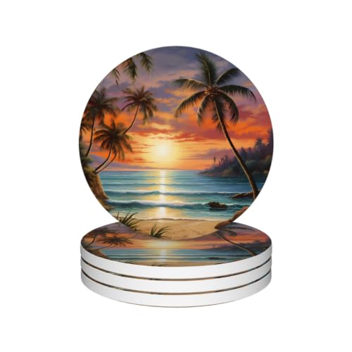 Yeahhhlife Beach Sunset Coaster Set of 4 - Absorbent Ceramic Round Coasters with Cork Backing