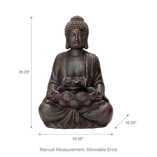 Meditating Buddha Garden Fountain with LED Light, 28-inch Polyresin Statue