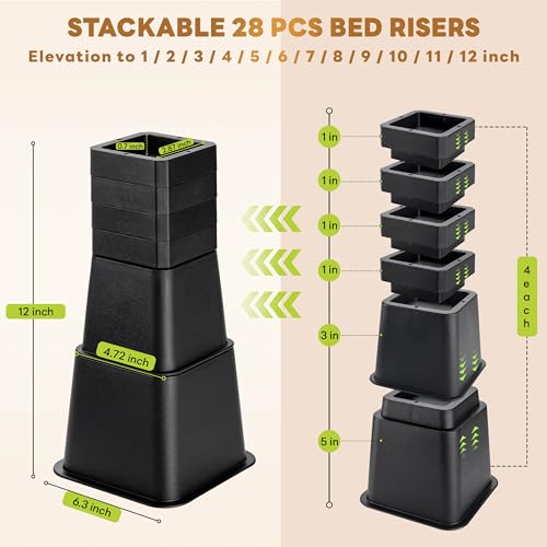 Adjustable Bed Risers, 4 Pack - Heavy Duty 3 to 12 Inch Height