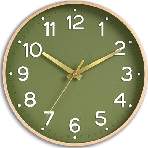 8 Inch Silent Non-Ticking Wall Clock - Modern Green & Gold Quartz Clock