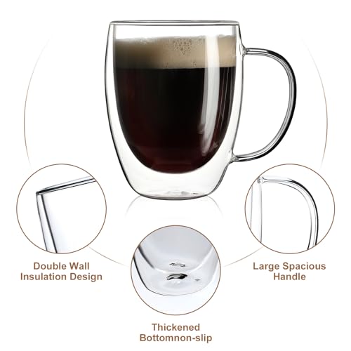 Aurzen 2 Pack 12oz Double Walled Glass Coffee Mugs with Handles, Insulated Borosilicate Drinkware, Microwave Safe